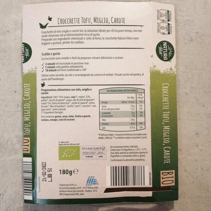 photo of Natura Felice Bio Crocchette Tofu Miglio Carote shared by @valez on  09 Feb 2022 - review