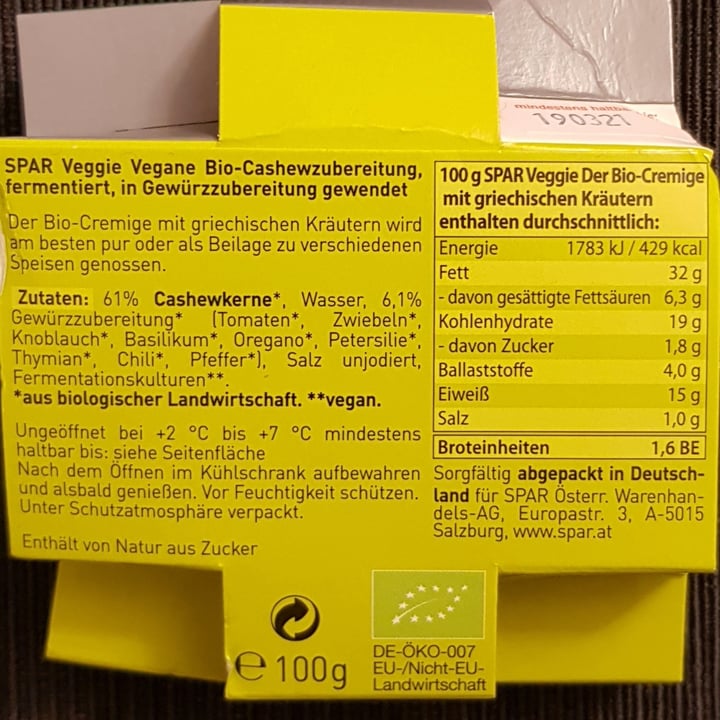 photo of Spar Veggie Der Bio-Cremige Griechische Kräuter | Organic Cashew 'Cheese' Greek Herbs shared by @vanpanda on  01 Feb 2021 - review