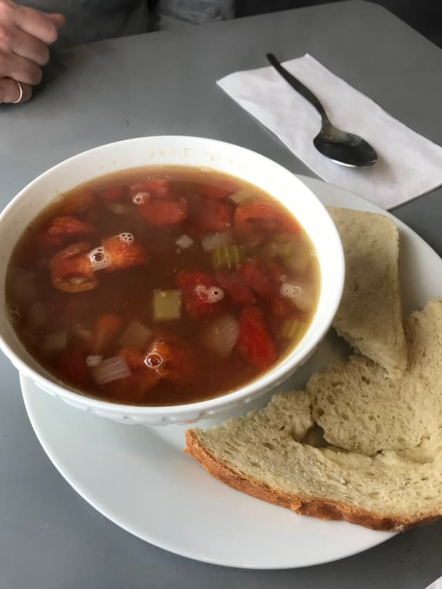 Photo of the dish “Green Lentil soup and Sausage Roll, Chic’un cranberry sandwich”