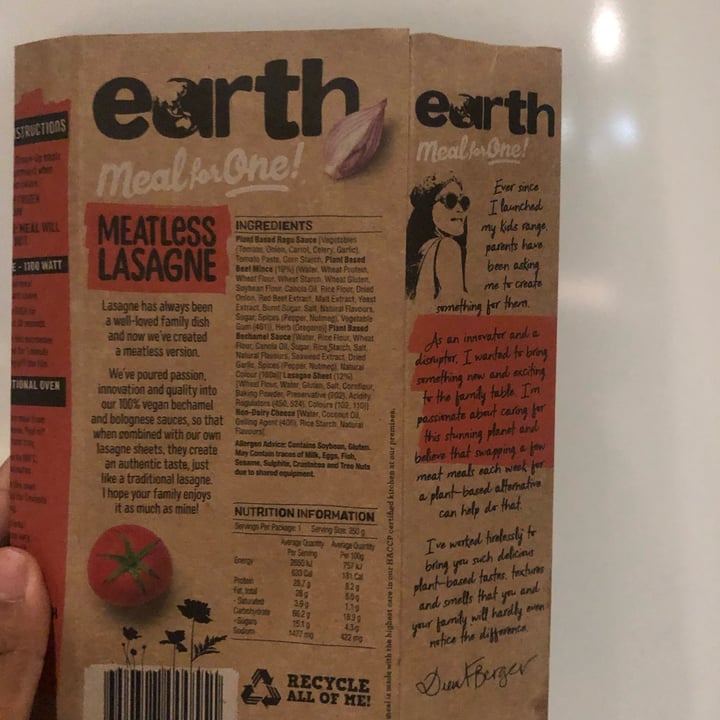 review photo of Earth Meal for one Meatless Lasagna shared by @hh08 on 13 Jul 2022 - review