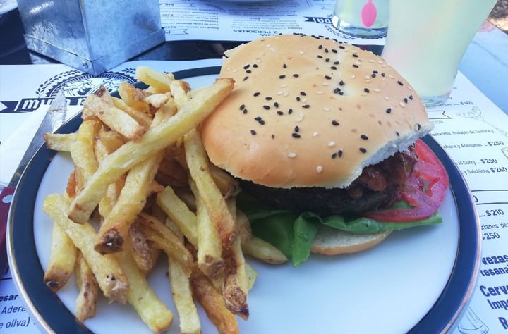 photo of Mula Plateada Hamburguesa de lentejas+ arroz veg con chutney acompañada de papas fritas shared by @tatiana212 on  03 Aug 2019 - review