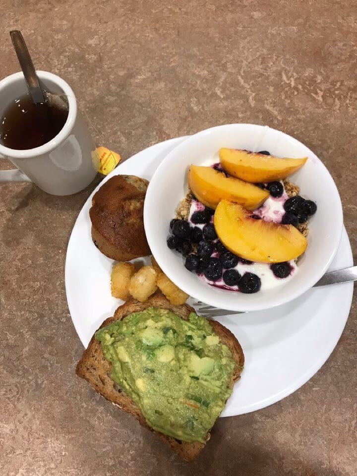 photo of Forbes College Avocado toast, muffin, tater tots, and yogurt with fruit and granola. +tea shared by @jharisay on  18 Oct 2018 - review