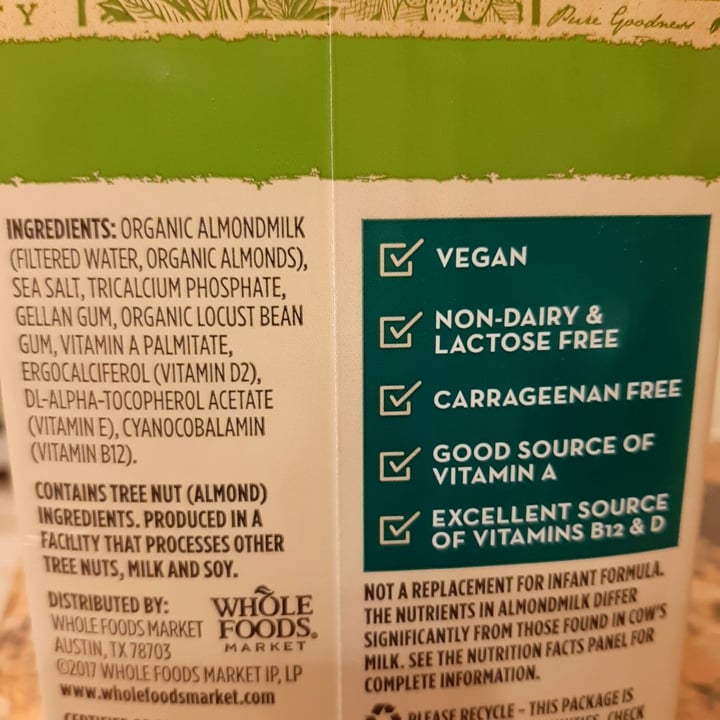 photo of 365 Whole Foods Market Organic Unsweetened Original Almond Milk shared by @nico-aguilera on  27 Feb 2020 - review