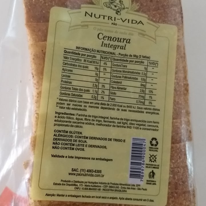 photo of Nutri-Vida pão de cenoura shared by @vanessamaiolini on  25 Jun 2022 - review