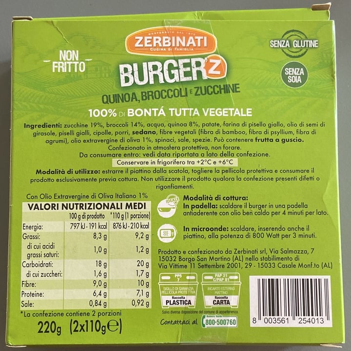 photo of Zerbinati Burger'Z Quinoa, Broccoli e Zucchine shared by @mabom on  15 Jun 2022 - review
