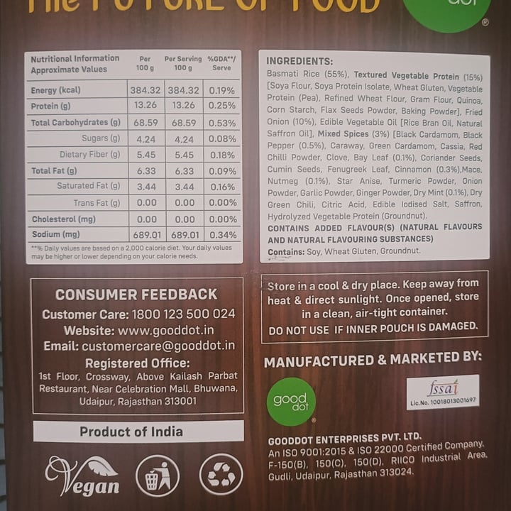 photo of Good Dot GoodDot Vegetarian Biryani shared by @cheetah on  11 Oct 2022 - review