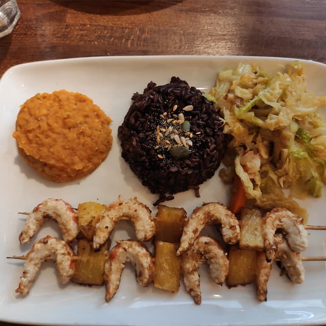 Photo of the dish “brochettes de crevettes vegan”