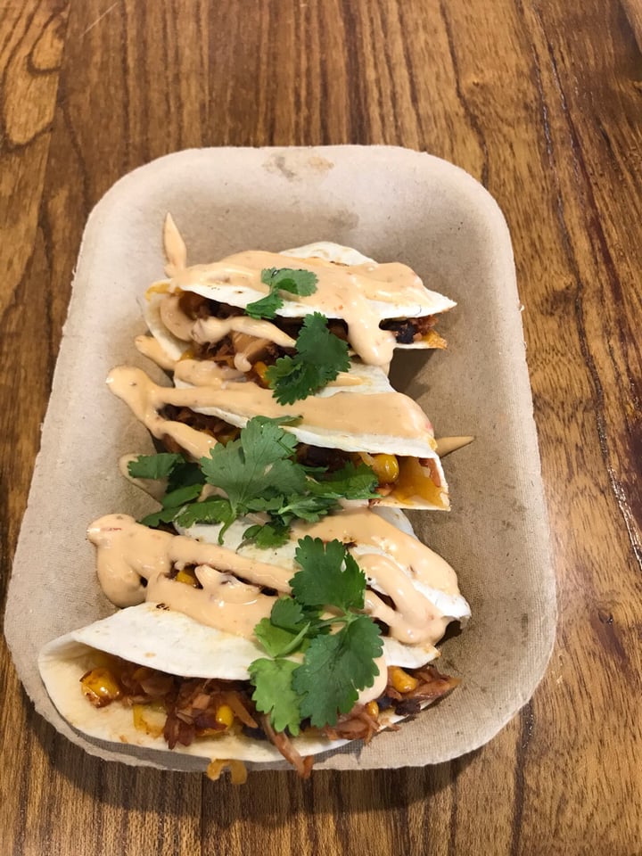 review photo of Vegan Street no-fish tacos, quesadillas (pulled “pork”) burger and brownie shared by @pattym on 08 Apr 2019 - review