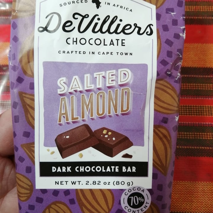 photo of De Villiers Chocolate Salted Almond Dark Chocolate shared by @nicoleveg on  01 Sep 2020 - review