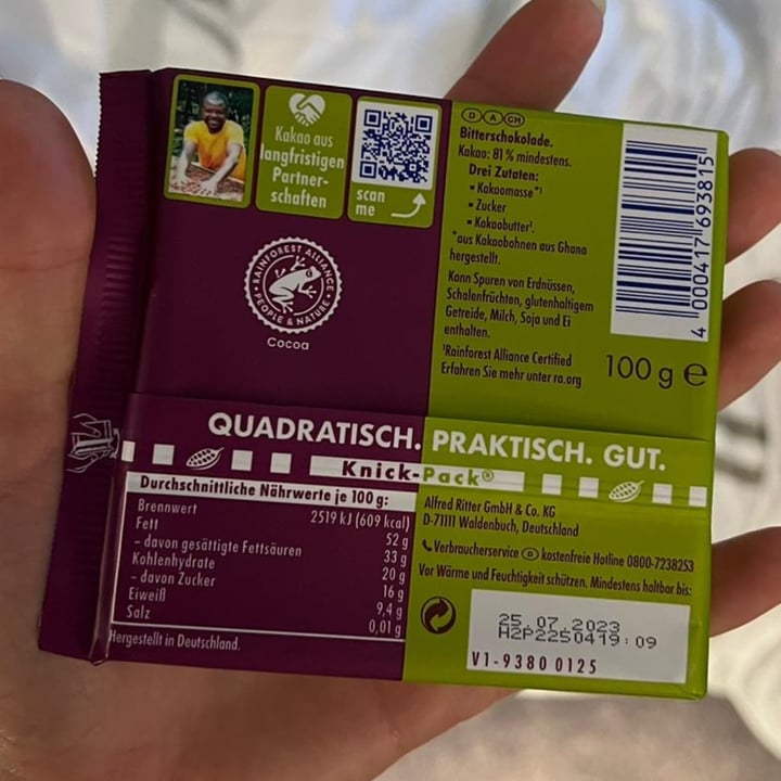 photo of Ritter Sport Dark Chocolate 81% Cacao Extra Intense shared by @annamiou on  05 Oct 2022 - review
