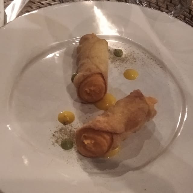 Photo of the dish “Cannoli Salati con Farina di Miglio, Hummus di Ceci e Peperoni Rossi, coulis di Peperoni Gialli e Polvere di Capperi”