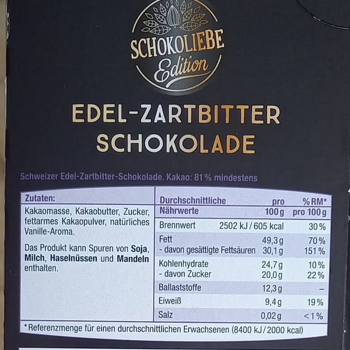 photo of Schokoliebe Schweizer Edel-Zartbitterschokolade 81% Kakao shared by @anameier on  31 Aug 2021 - review