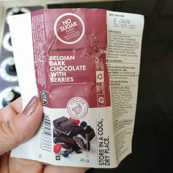 photo of Woolworths Food Belgian Dark Chocolate with Berries shared by @twohappyrescuemutts on  16 Jan 2021 - review