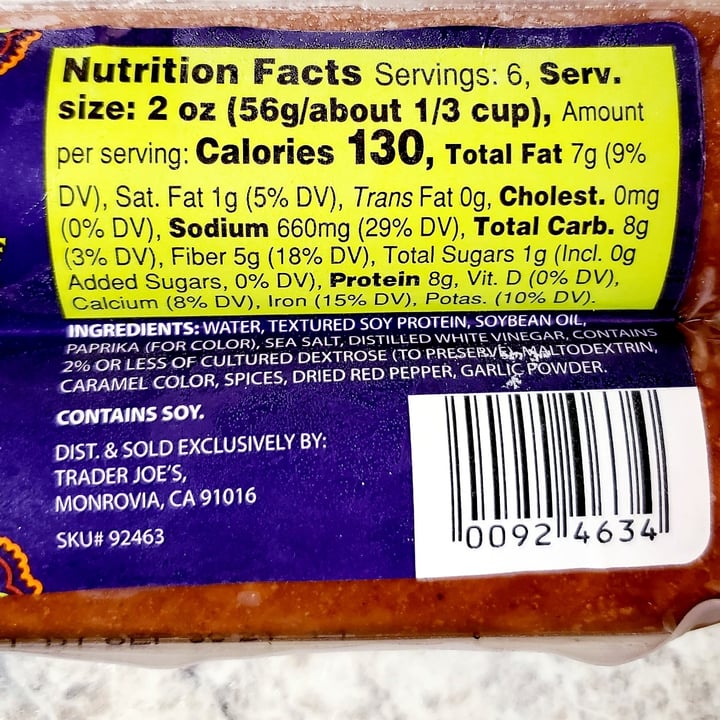 photo of Trader Joe's Soy Chorizo shared by @veganmeg on  17 Sep 2021 - review