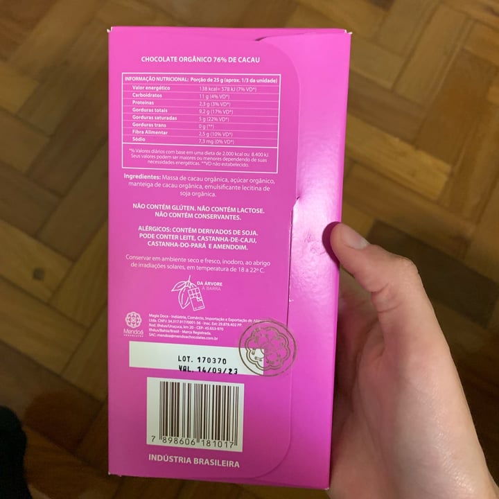 review photo of Mendoá chocolates Chocolate 76% Cacau shared by @anaescaleira on 14 May 2022 - review