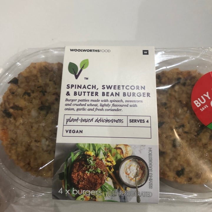 photo of Woolworths Food Spinach, Sweetcorn & Butter Bean Burger shared by @ciferreira on  28 Sep 2021 - review