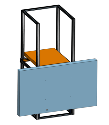 forum_update __ Ascenseur industriel avec plateforme orange et structure métallique.