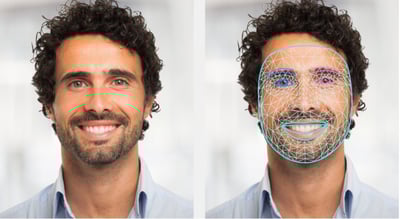 forum_update __ Homme souriant avec reconnaissance faciale superposée.