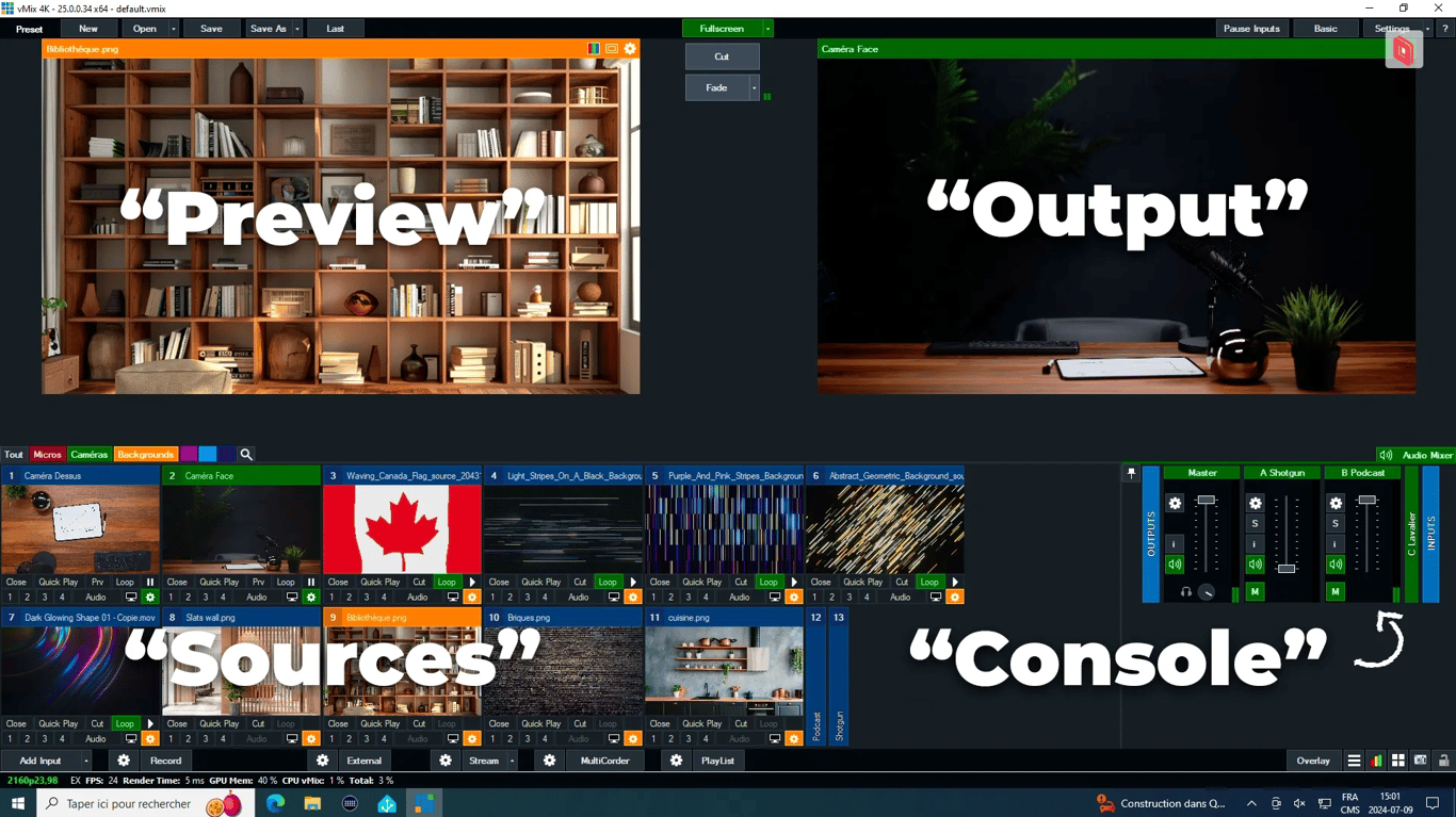 forum_update __ Interface de montage vidéo avec aperçus de bibliothèque et de bureau.