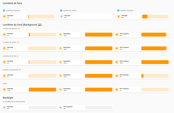 forum_update __ Interface de réglage des lumières avec curseurs orangés.