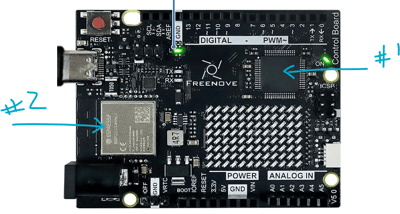 forum_update __ Carte de développement électronique avec annotations et symboles.