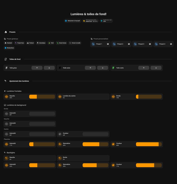forum_update __ Interface utilisateur noire de réglages d'éclairage et fonds.