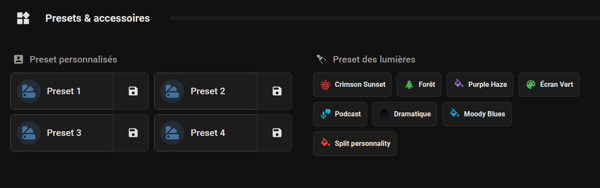 forum_update __ Interface utilisateur noire avec options de présets et accessoires.
