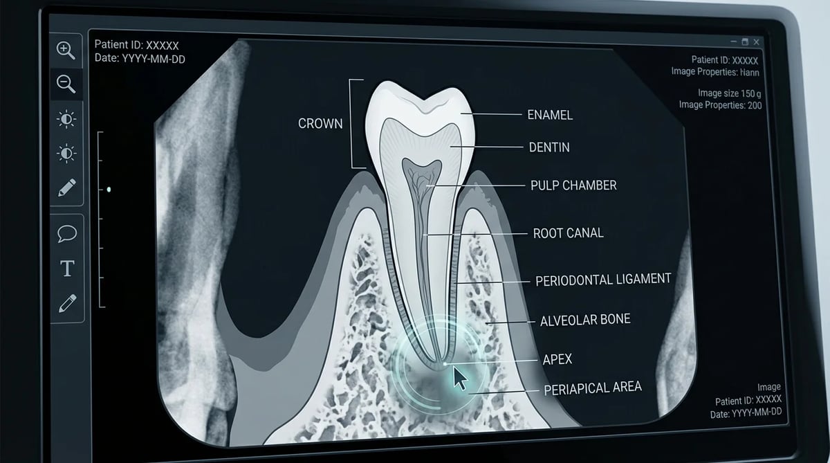 치과 진단을 위한 디지털 X-ray 이미지 그래픽, 치아 뿌리와 잇몸뼈를 보여줌