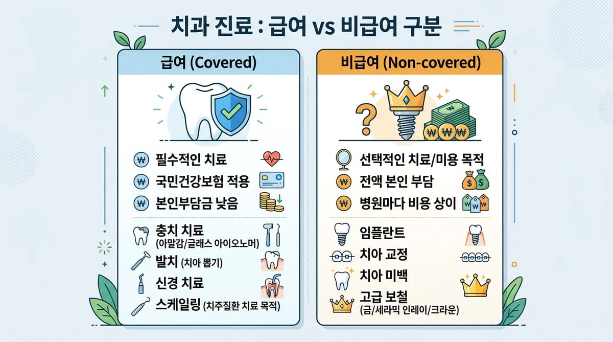 신경치료 급여 및 비급여 항목 구분 인포그래픽