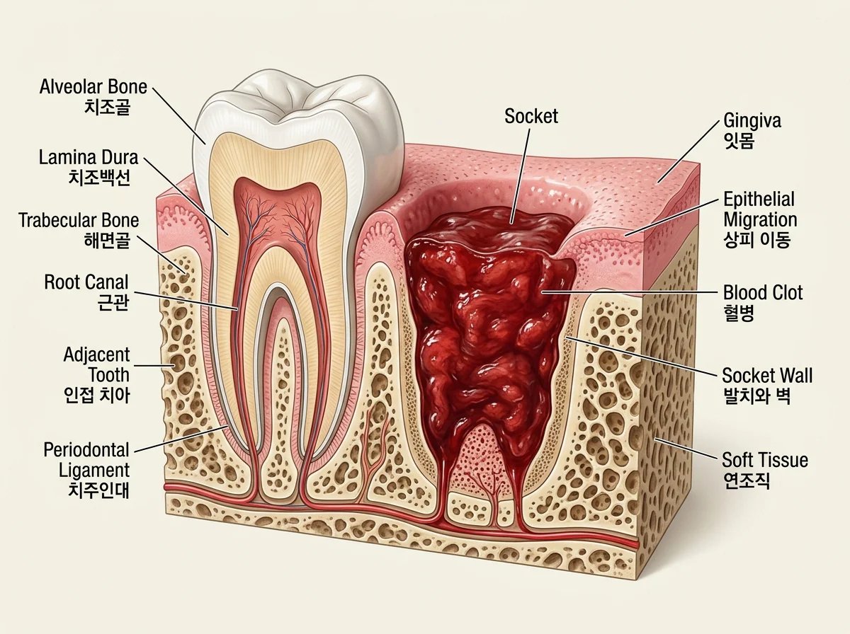 발치된 치조골 내부에 형성된 혈병(blood clot)의 단면도 일러스트