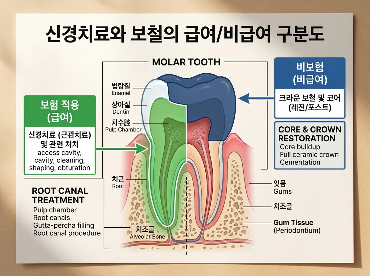 신경치료 급여 및 비급여 항목을 시각화한 치아 단면도