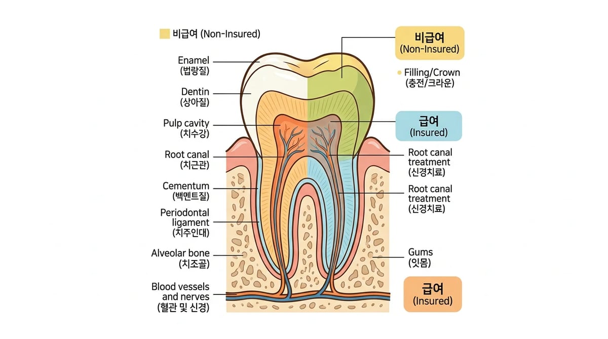 신경치료의 건강보험 적용 범위와 비급여 항목을 구분하는 치아 단면도