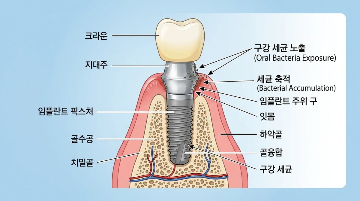 임플란트 임시치아 탈락 후 노출된 지대주 해부학적 단면도