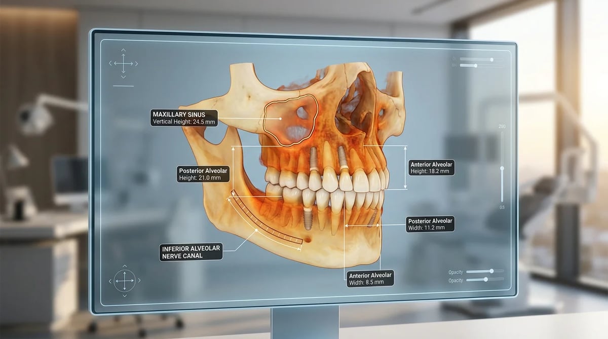 3D CBCT 영상 분석을 통해 치조골 상태를 정밀하게 평가하는 모습을 묘사한 이미지