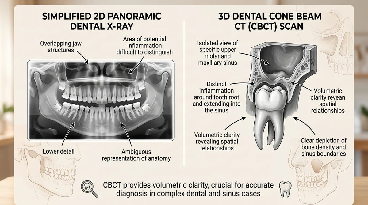 2D X-ray와 3D CBCT 영상의 차이를 보여주는 비교 이미지. CBCT가 치아 뿌리 염증과 상악동 상태 진단에 유리함을 시사합니다.