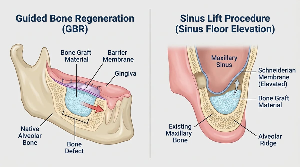 치조골 이식(GBR)과 상악동 거상술(Sinus Lift) 과정을 상세히 보여주는 치과 의료 도해