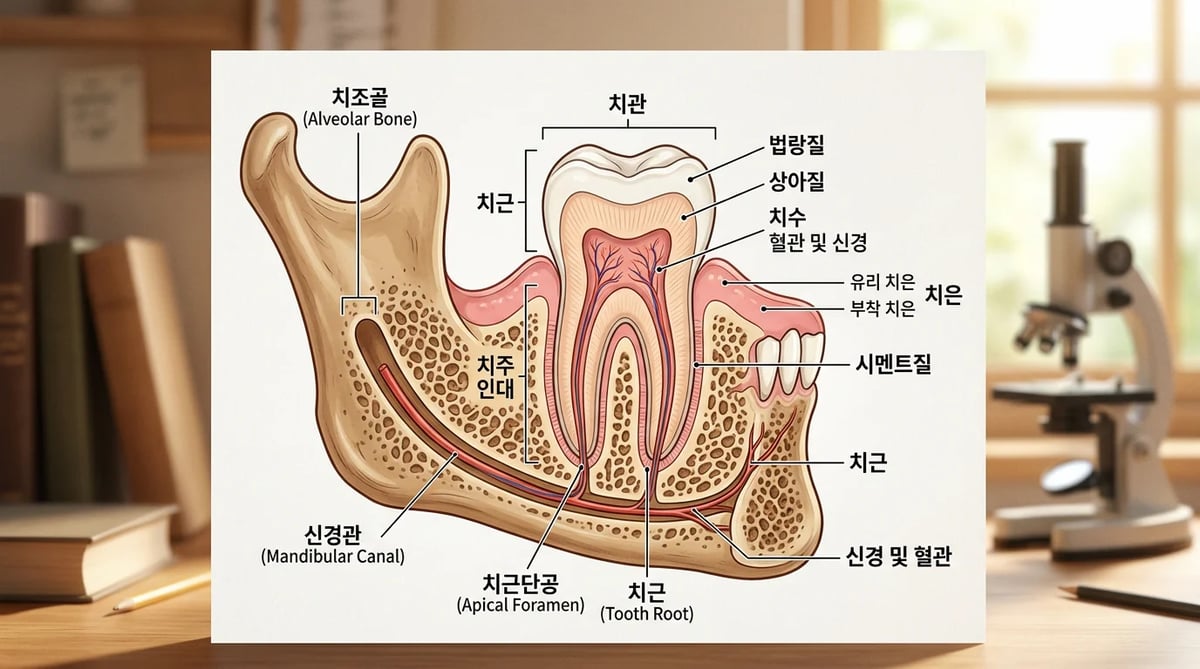 치아를 지지하는 치조골의 해부학적 구조와 위치를 보여주는 다이어그램