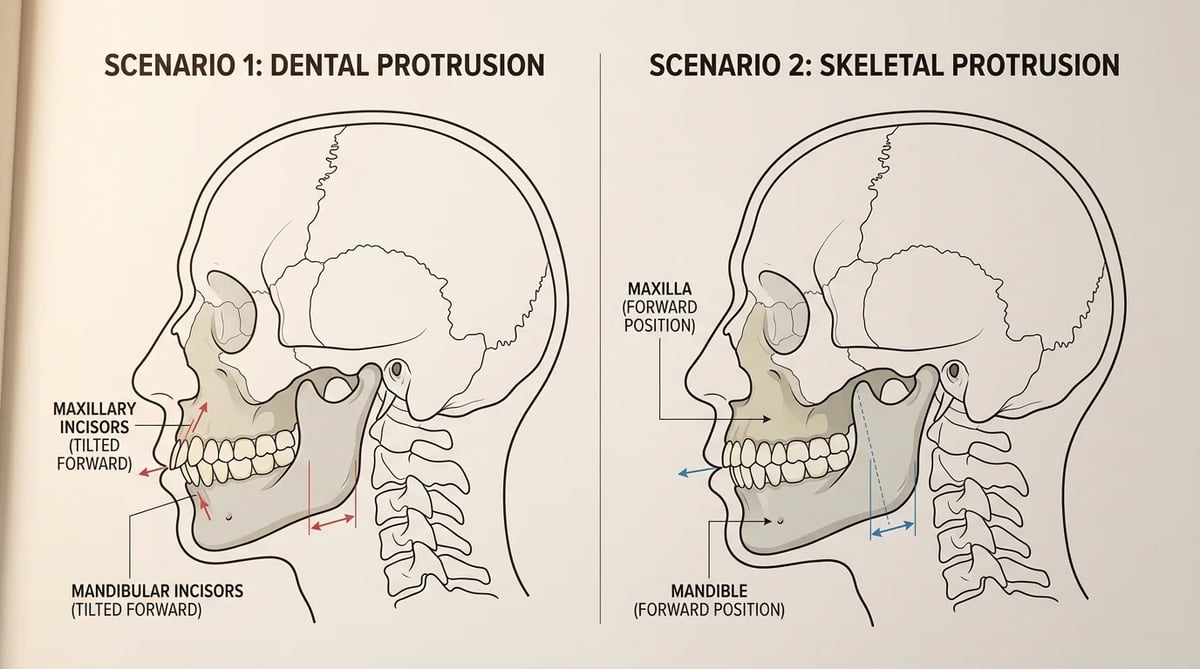 잇몸뼈 돌출과 치아 돌출을 비교하는 두부규격방사선(Cephalometric X-ray) 계측 분석 다이어그램