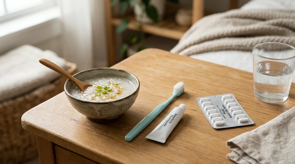 잇몸 치료 후 부드러운 음식, 칫솔, 약품 등 올바른 관리 도구 모음
