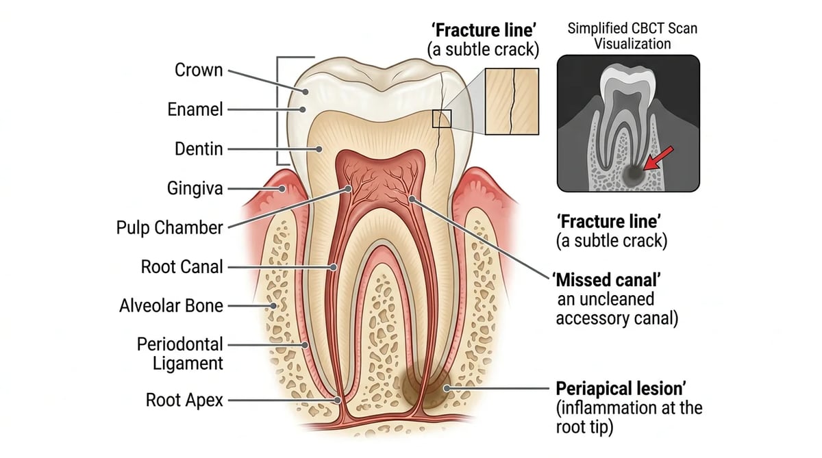 신경치료 실패의 원인을 보여주는 치아 해부학적 단면도와 CBCT 이미지