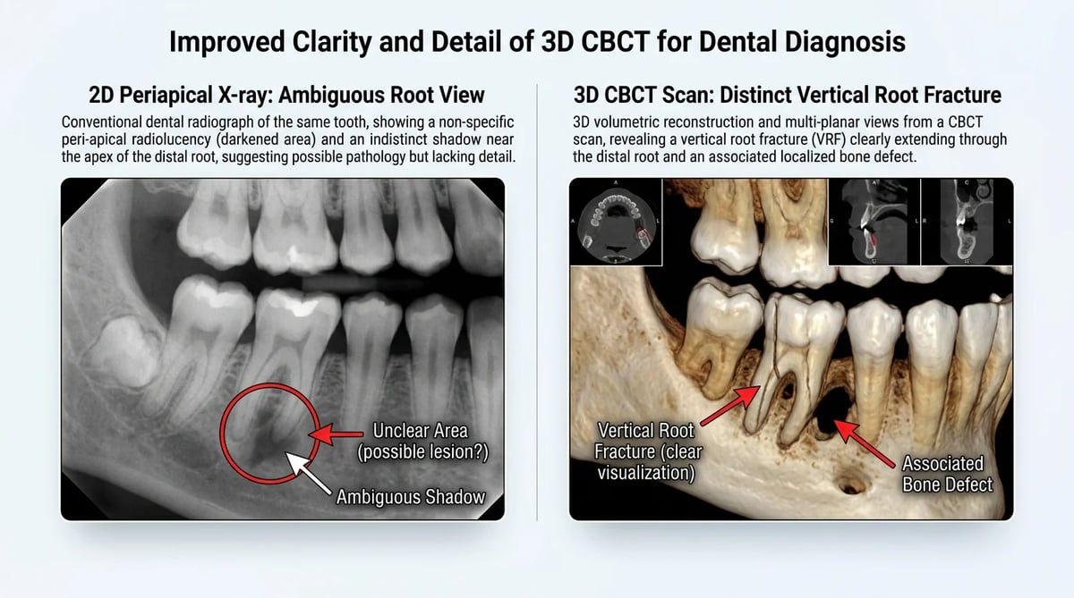 2D 엑스레이와 3D CBCT 이미지를 비교하여 치아 균열과 뼈 손실을 보여주는 장면