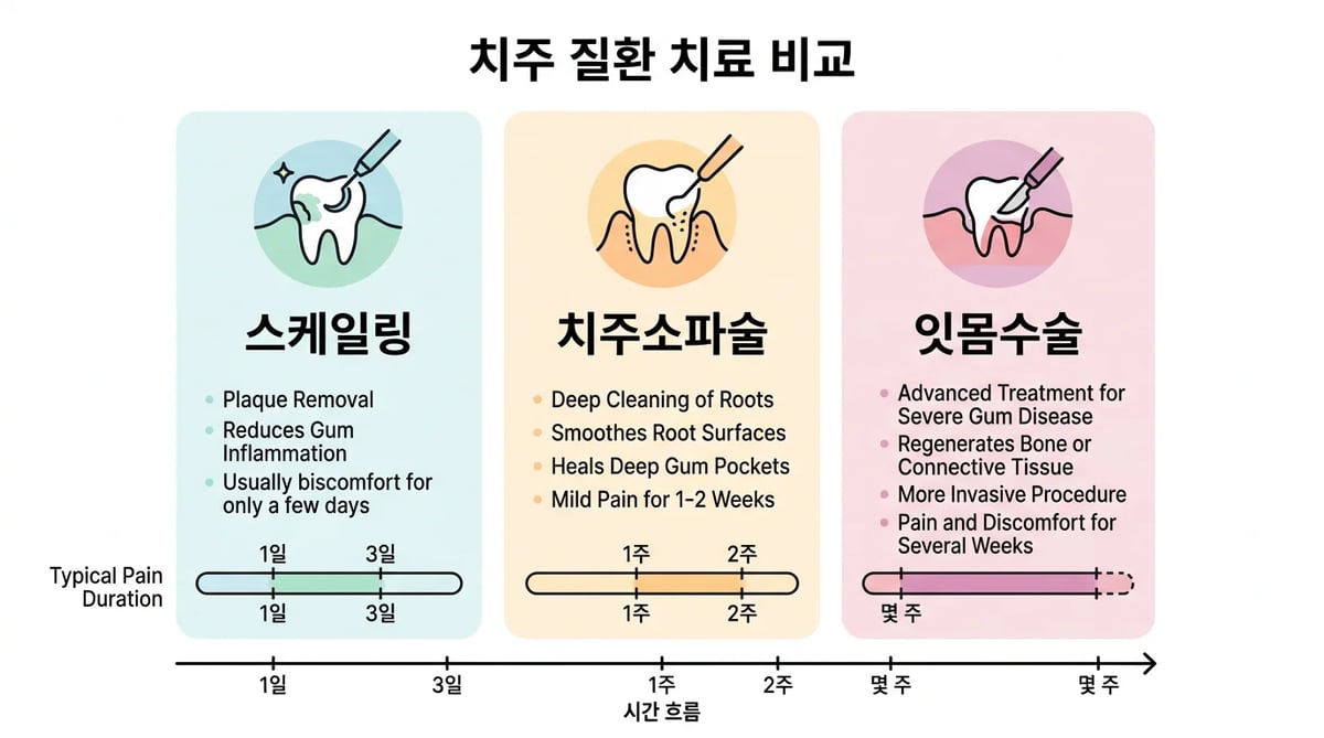 스케일링, 치주소파술, 잇몸수술 등 잇몸치료 종류별 예상 통증 기간을 나타내는 인포그래픽