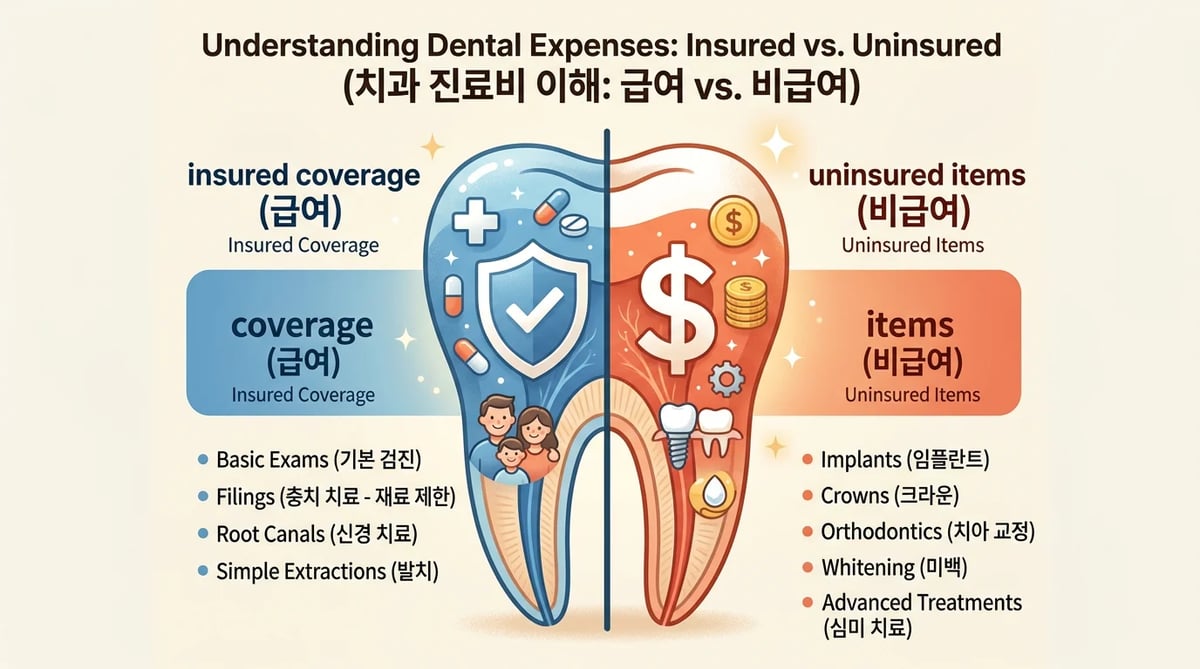 신경치료의 급여 항목과 비급여 항목을 구분하여 보여주는 인포그래픽