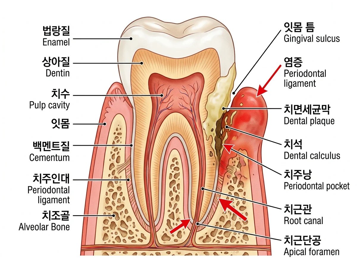 치면세균막, 치석, 치주낭 형성과 치조골 파괴 과정을 보여주는 치아 해부도