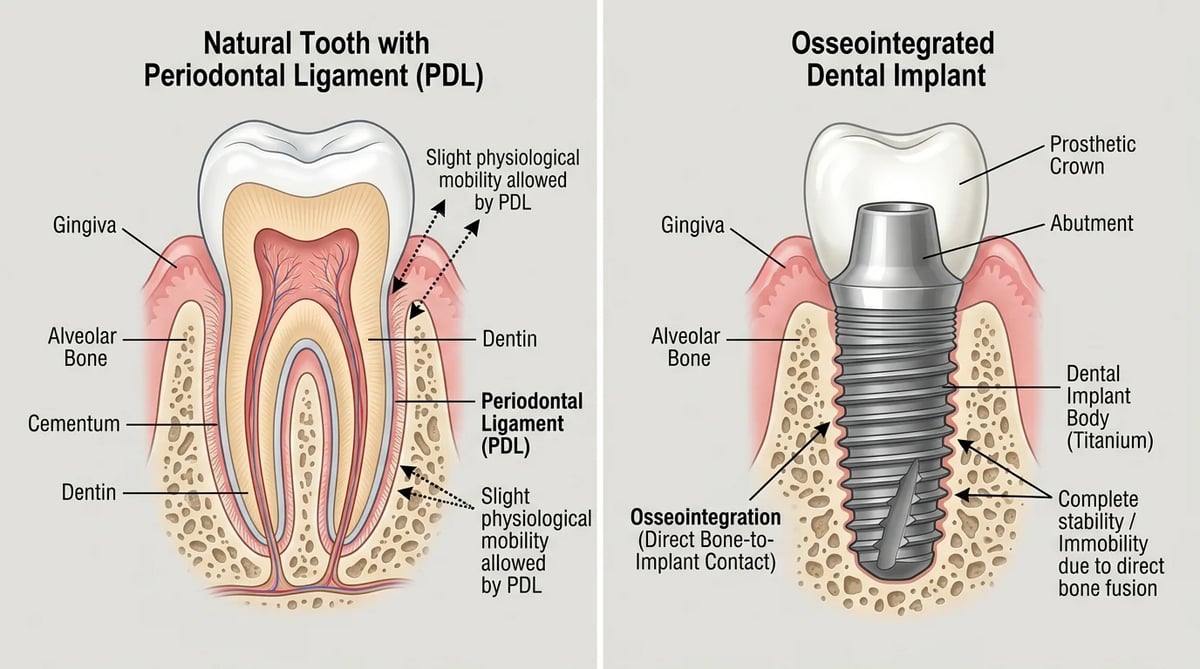 자연치아와 임플란트의 움직임 차이를 보여주는 해부학적 단면도