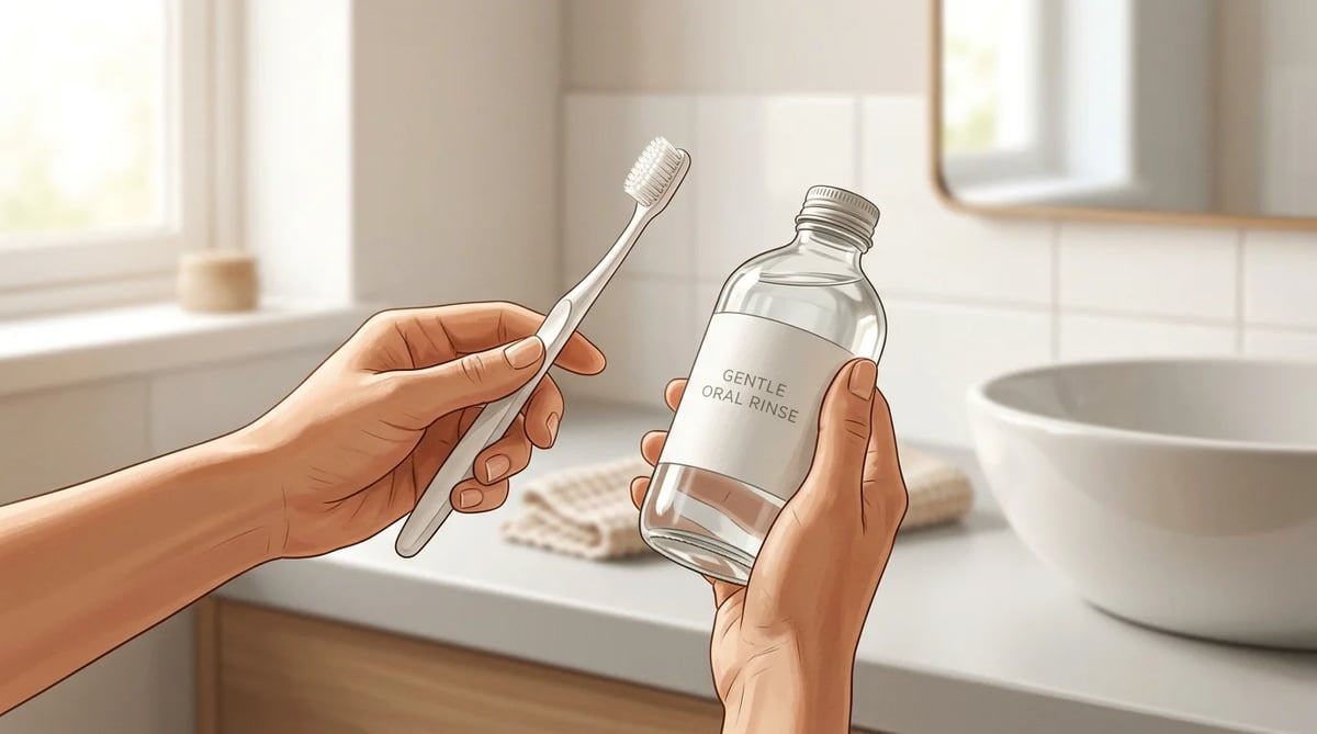 치과 뼈이식 후 구강 위생 관리를 위한 부드러운 칫솔과 구강 소독액