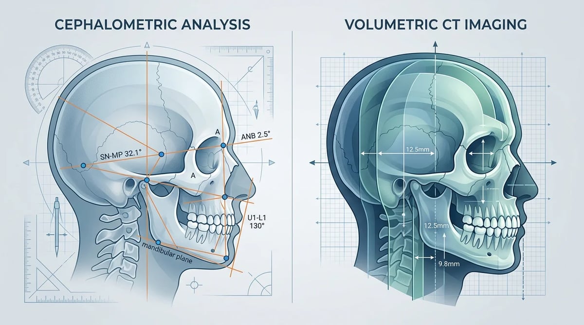 두부규격방사선사진 분석과 3D-CT 스캔을 나타내는 진단 과정 이미지.
