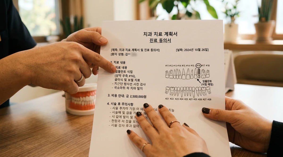 치료 계획서와 사전 동의서 내용을 확인하는 손