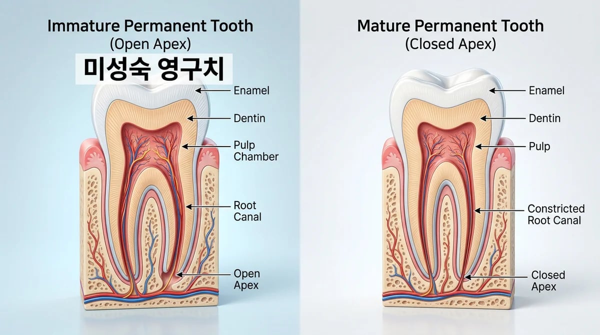 미성숙 영구치 신경치료: 아이 치아 뿌리 성장을 위한 특별한 접근법
