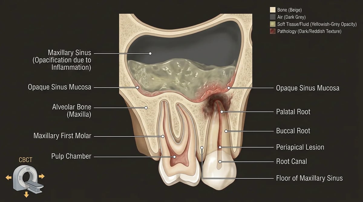 치과 콘빔 CT(CBCT)를 통해 상악동 염증과 치아 원인을 진단하는 개념적 3D 이미지